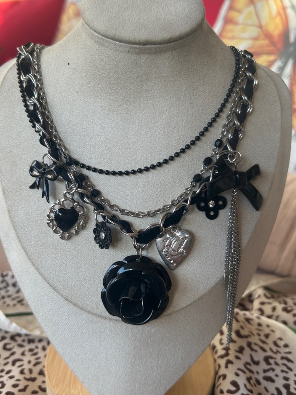 Layered Black Floral Charm Necklace